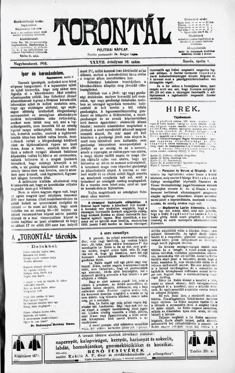 Torontál, 37. évf. 1908. április 8. 82. sz.