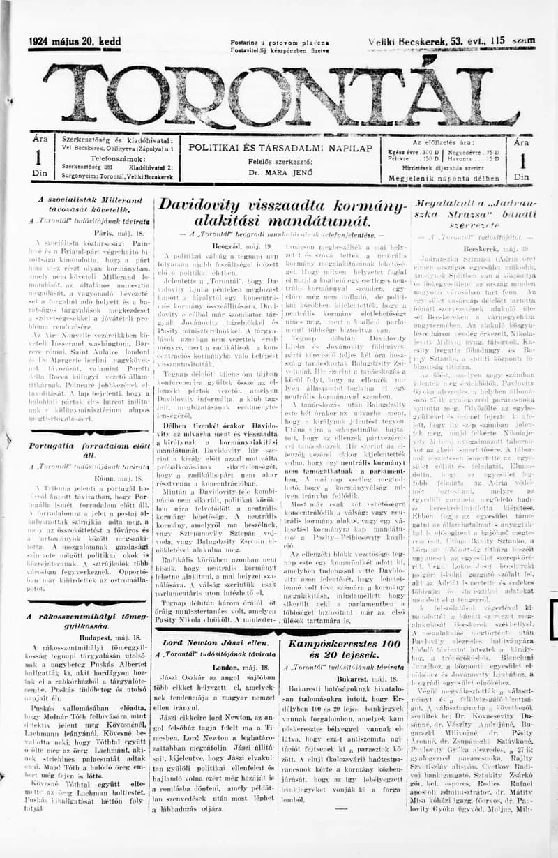Torontál, 53. évf. 1924. május 20. 115. sz.