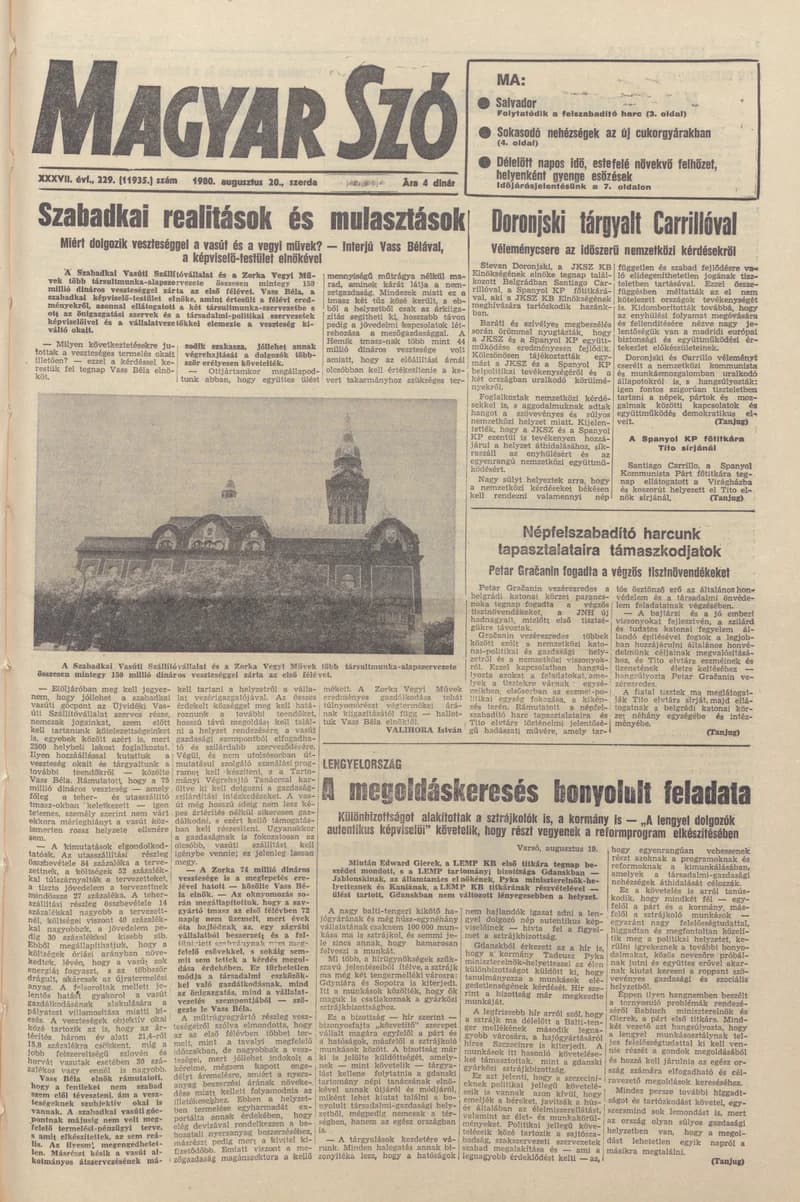 Magyar Szó, 37. évf. 1980. augusztus 20. 229. sz. 1–16. oldal