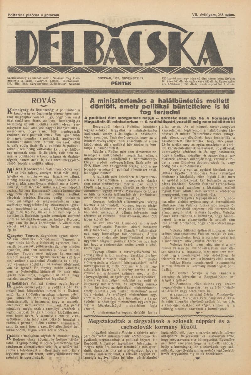 Délbácska, 7. évf. 1926. november 19. 268. sz.