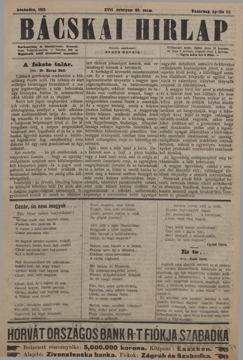 Bácskai Hirlap, 17. évf. 1913. április 13. 85. sz.