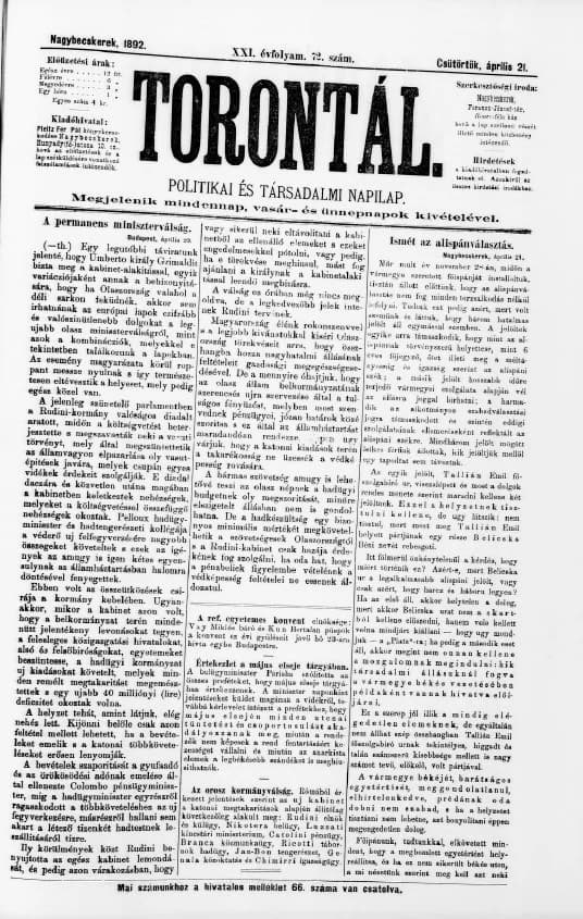 Torontál, 21. évf. 1892. április 21. 72. sz.