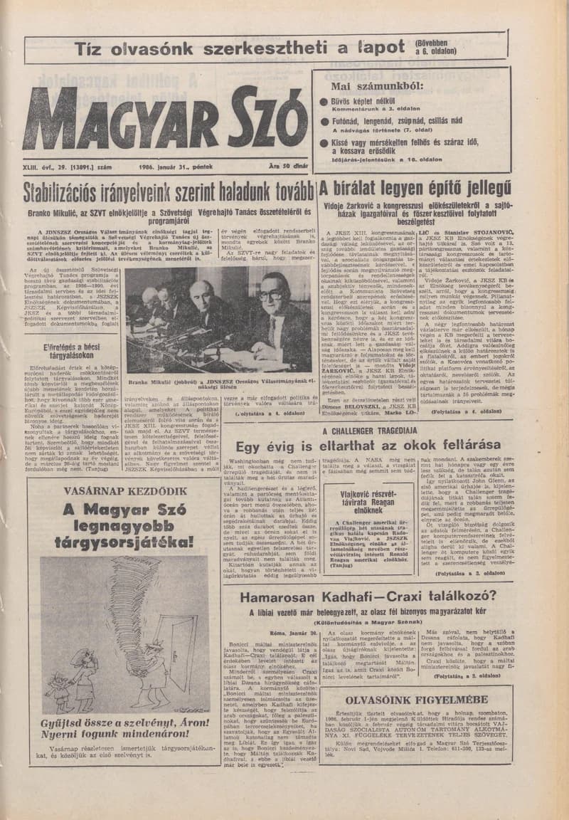 Magyar Szó, 43. évf. 1986. január 31. 29. sz. 1–20. oldal