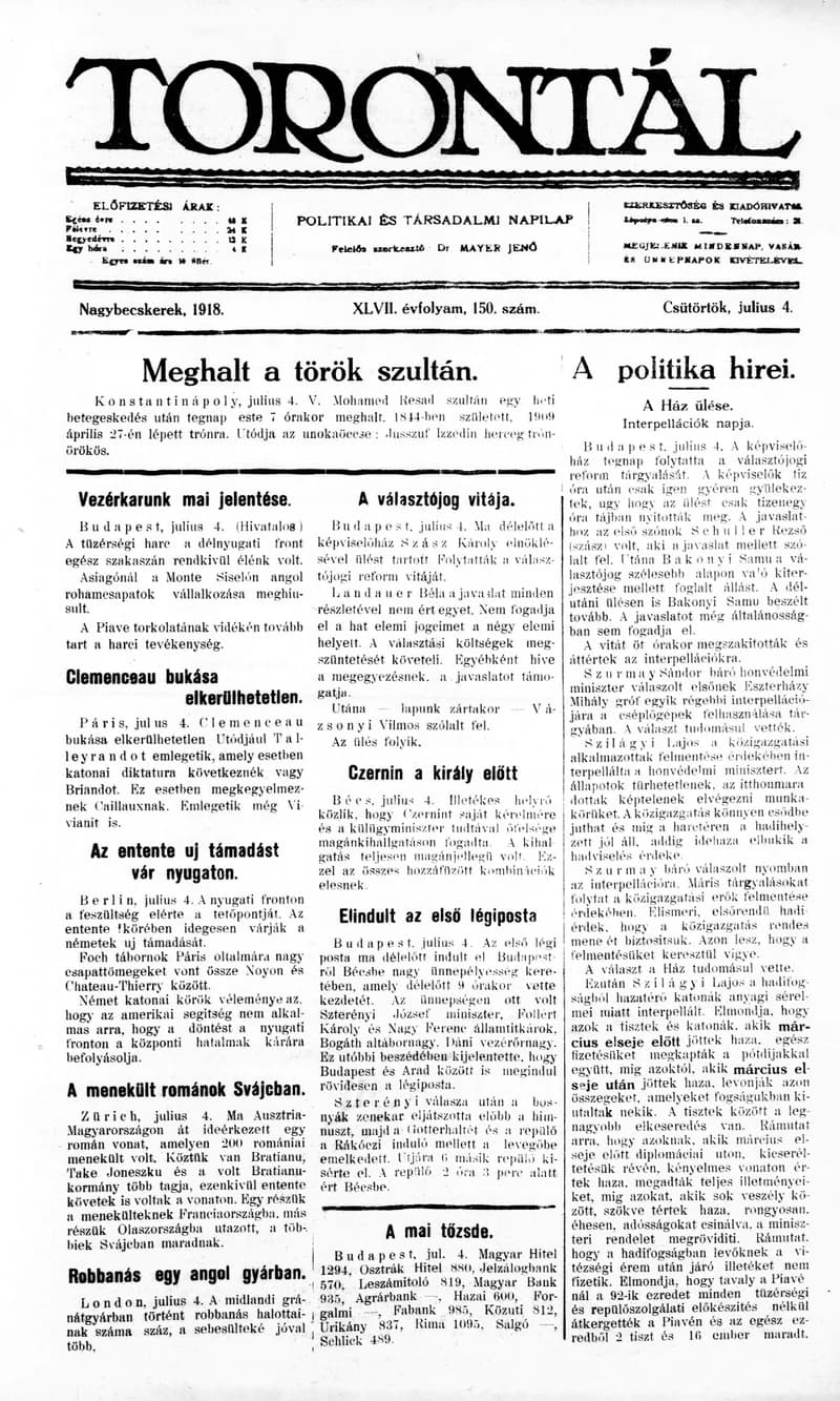 Torontál, 47. évf. 1918. július 4. 150. sz.
