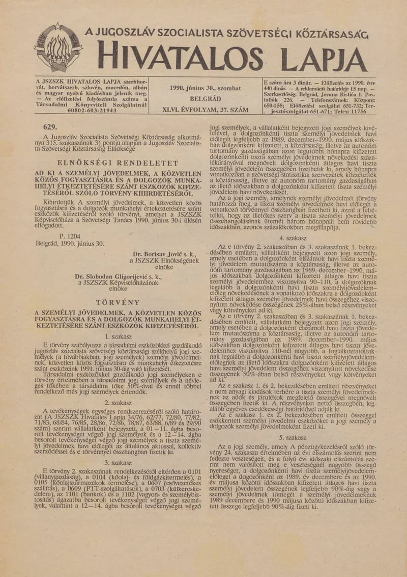 A Jugoszláv Szocialista Szövetségi Köztársaság Hivatalos Lapja, 46. évf. 1990. június 30. 37. sz. 1209–1216. oldal