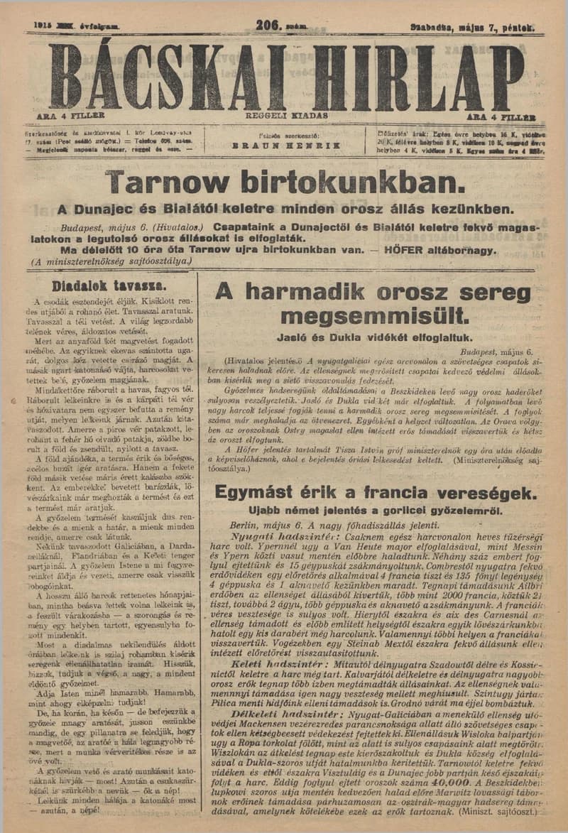 Bácskai Hirlap, 19. évf. 1915. május 7. 206. sz.