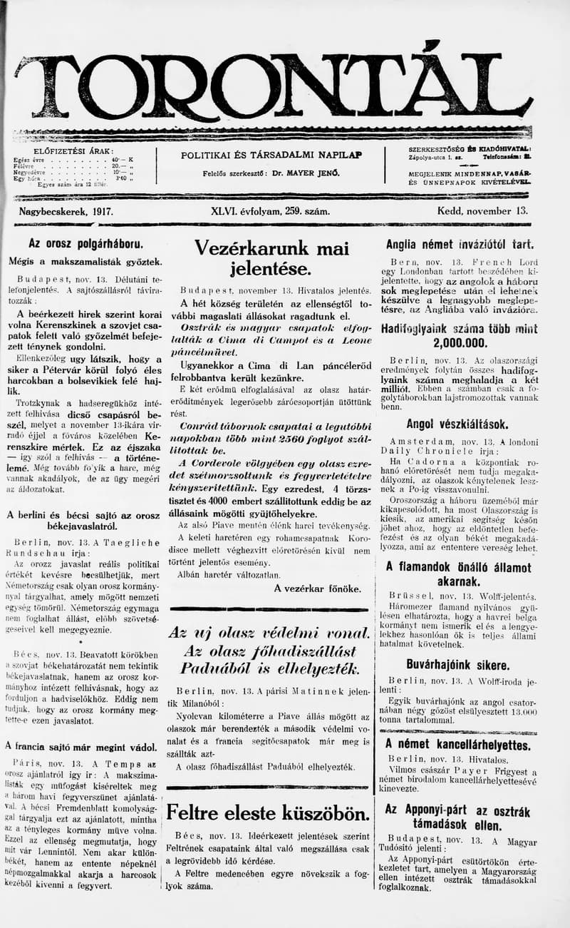 Torontál, 46. évf. 1917. november 13. 259. sz.