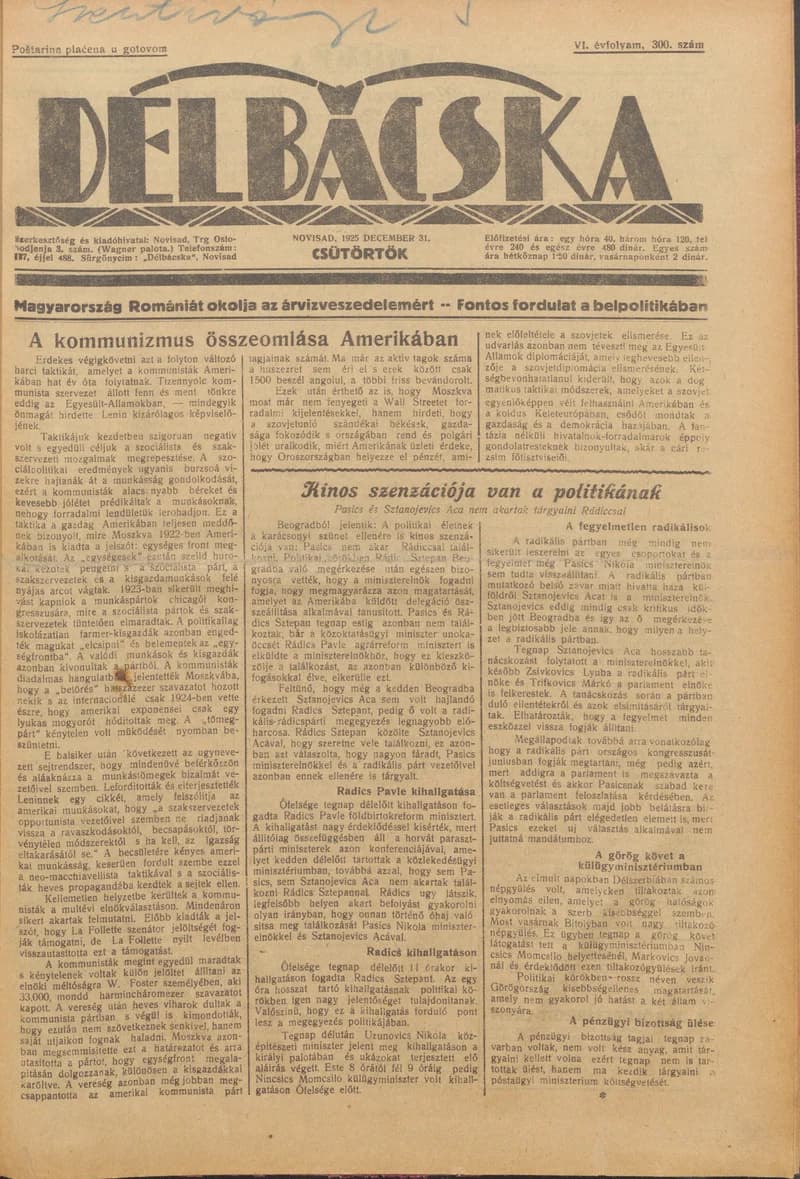Délbácska, 6. évf. 1925. december 31. 300. sz.