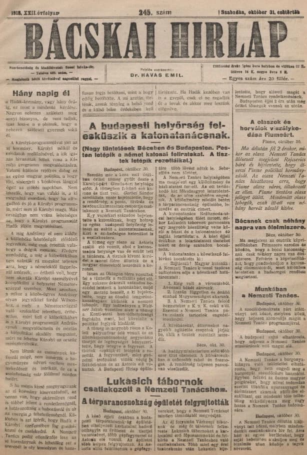 Bácskai Hirlap, 22. évf. 1918. október 31. 245. sz.