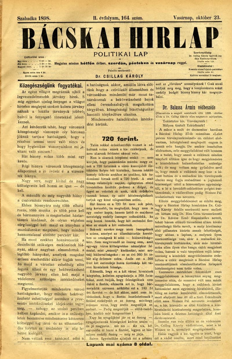 Bácskai Hirlap, 2. évf. 1898. október 23. 164. sz. 1–8. oldal