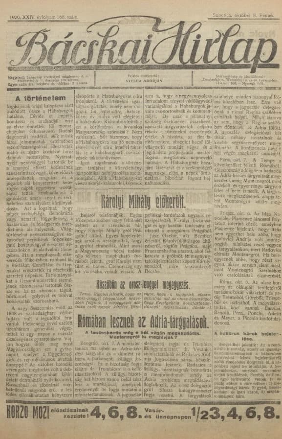 Bácskai Hirlap, 24. évf. 1920. október 8. 168. sz.