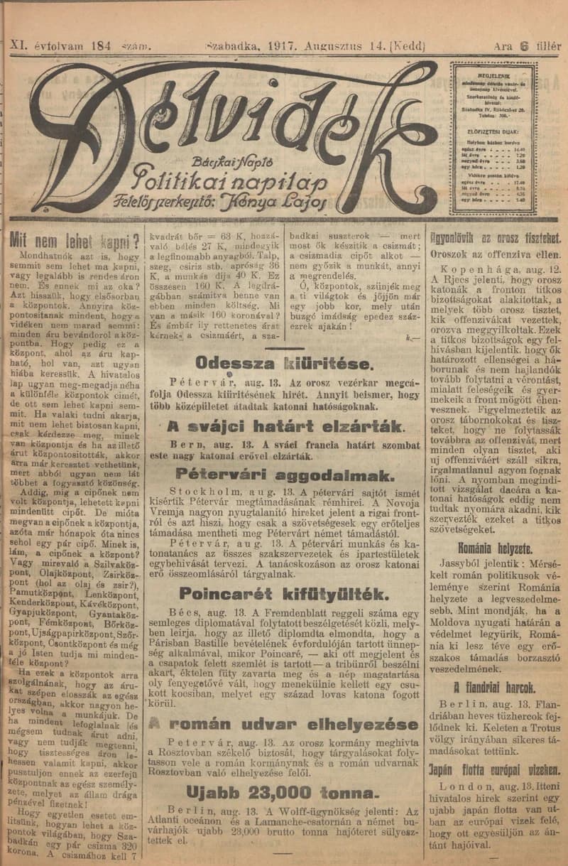 Délvidék, 11. évf. 1917. augusztus 14. 184. sz.