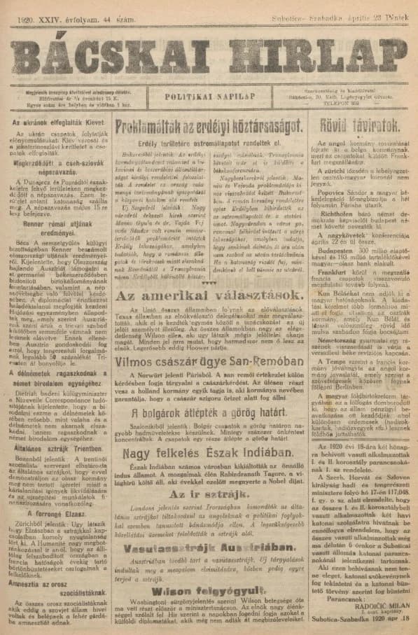 Bácskai Hirlap, 24. évf. 1920. április 23. 44. sz.