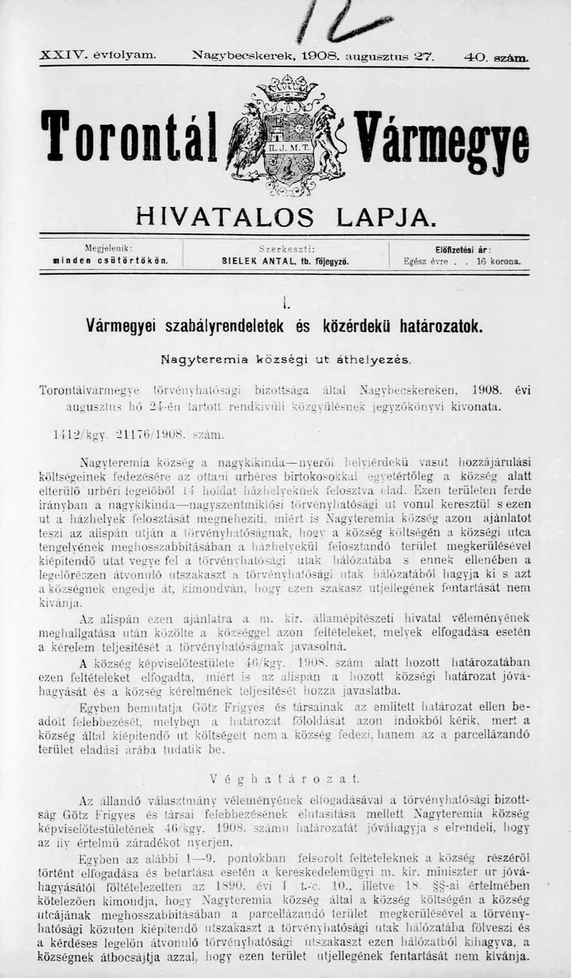 Torontál Vármegye Hivatalos Lapja, 24. évf. 1908. augusztus 27. 40. sz.