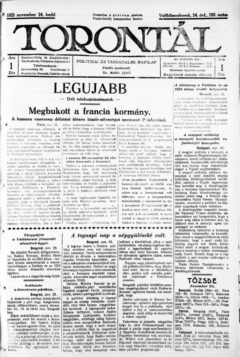 Torontál, 54. évf. 1925. november 24. 268. sz.