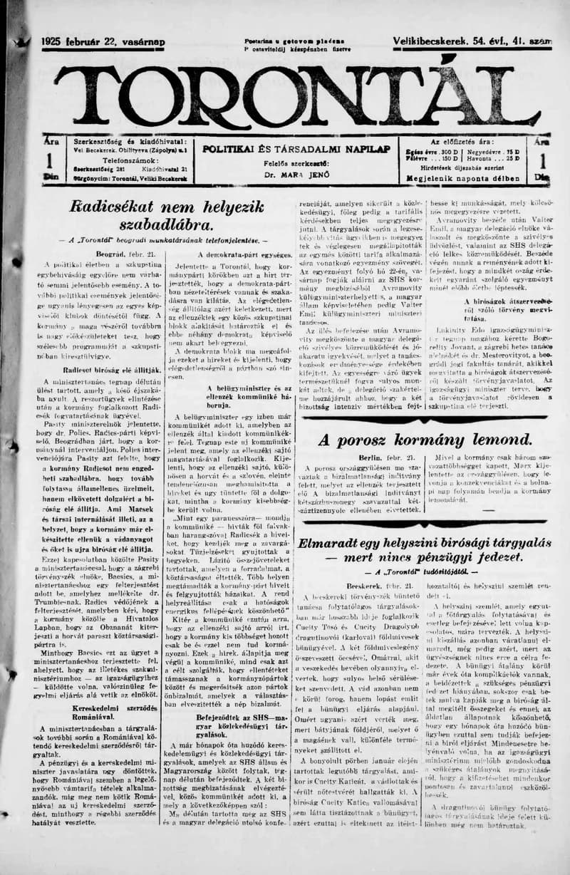Torontál, 54. évf. 1925. február 22. 41. sz.