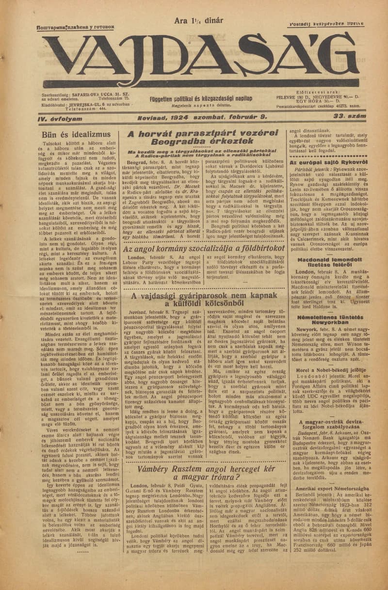 Vajdaság, 4. évf. 1924. február 9. 33. sz.