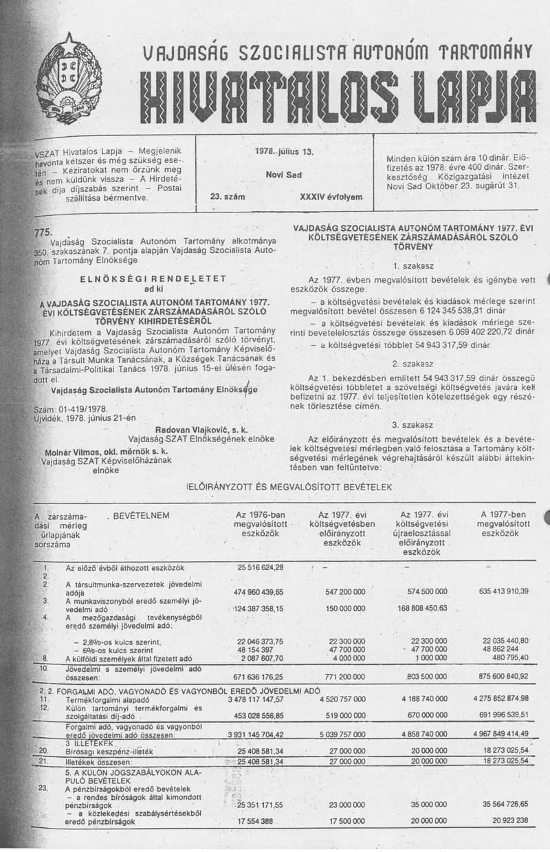 Vajdaság Szocialista Autonóm Tartomány Hivatalos Lapja, 34. évf. 1978. július 13. 23. sz. 957–992. oldal