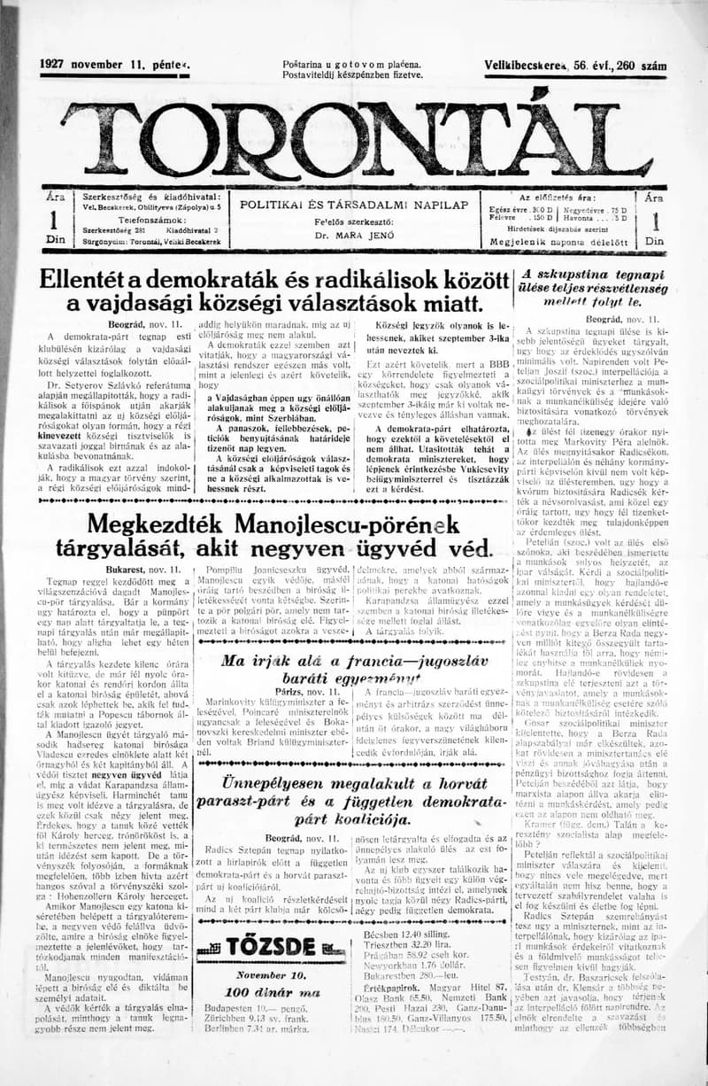 Torontál, 56. évf. 1927. november 11. 260. sz.