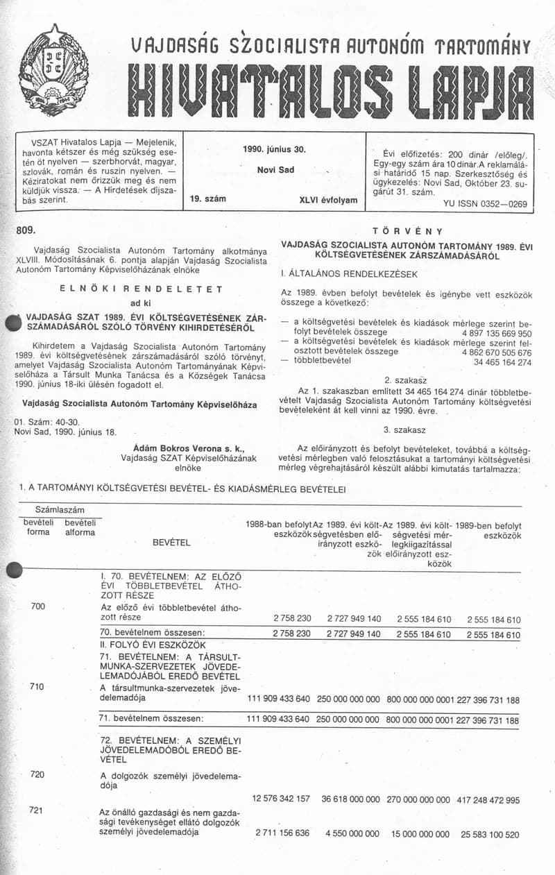 Vajdaság Szocialista Autonóm Tartomány Hivatalos Lapja, 46. évf. 1990. június 30. 19. sz.