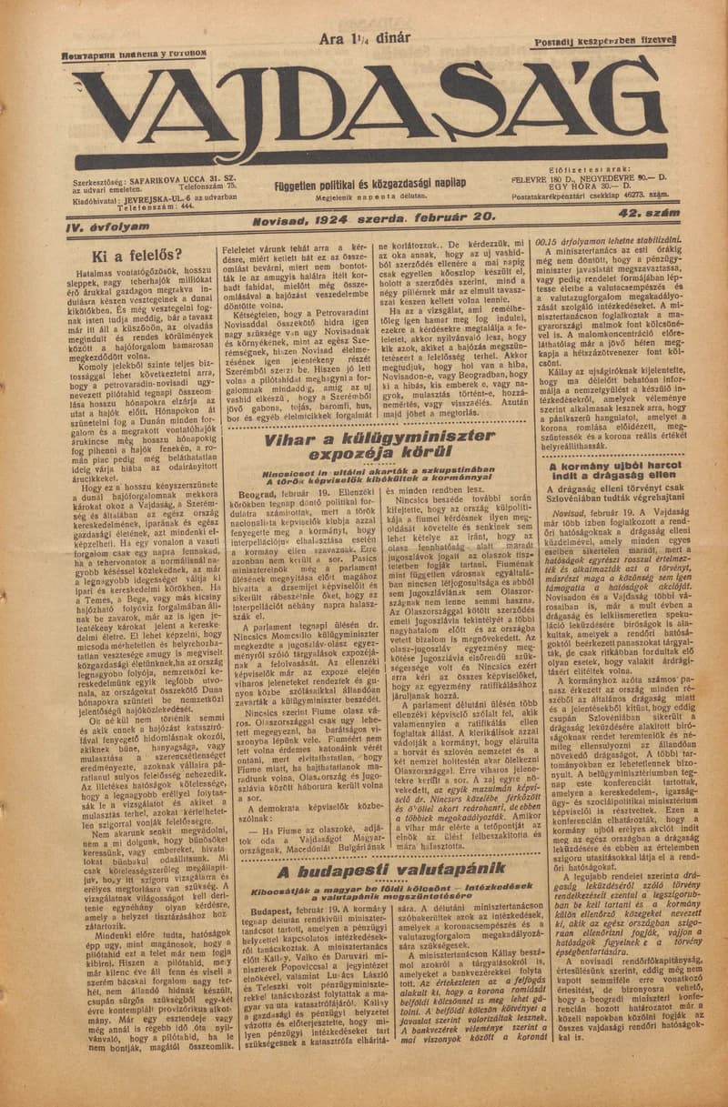 Vajdaság, 4. évf. 1924. február 20. 42. sz.