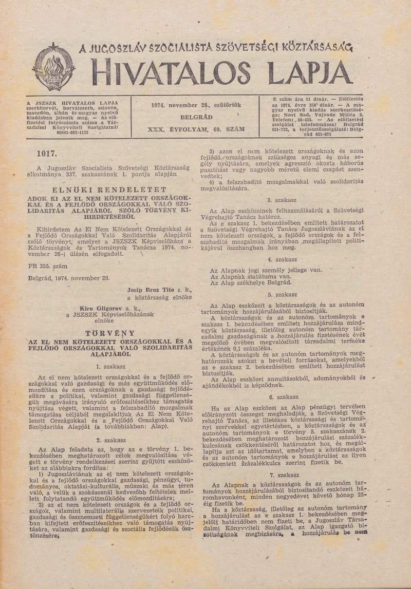 A Jugoszláv Szocialista Szövetségi Köztársaság Hivatalos Lapja, 30. évf. 1974. november 28. 60. sz. 1841–1852. oldal