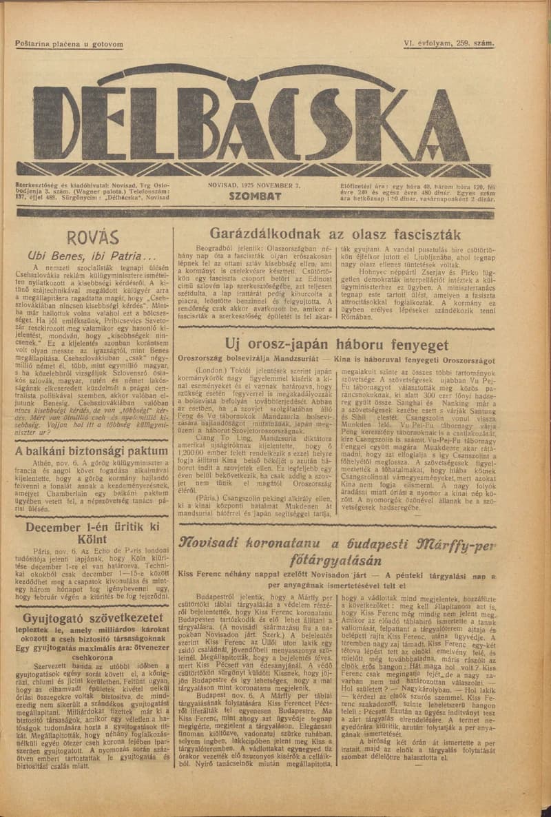 Délbácska, 6. évf. 1925. november 7. 259. sz.