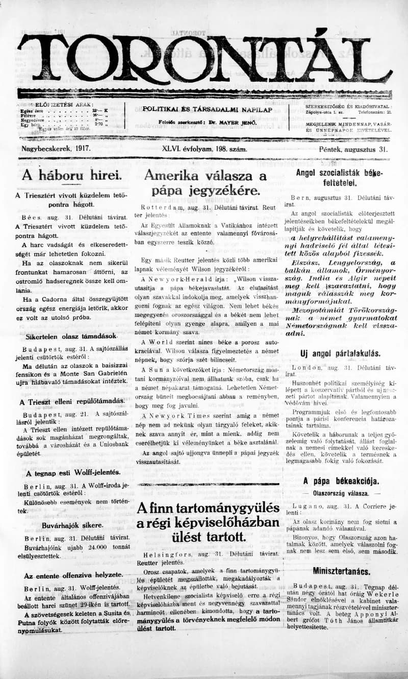 Torontál, 46. évf. 1917. augusztus 31. 198. sz.