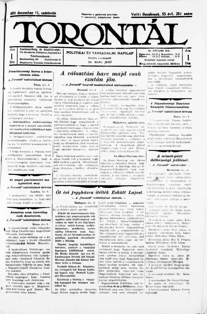 Torontál, 53. évf. 1924. december 11. 282. sz.
