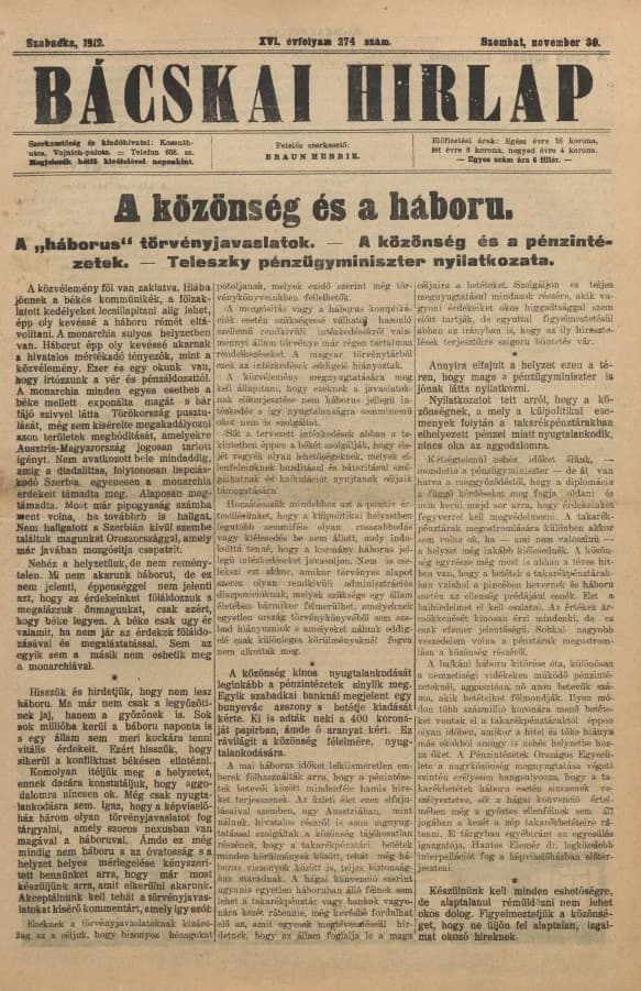 Bácskai Hirlap, 16. évf. 1912. november 30. 274. sz.