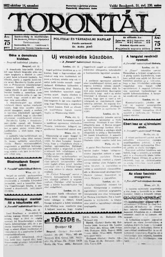 Torontál, 51. évf. 1922. október 14. 230. sz.