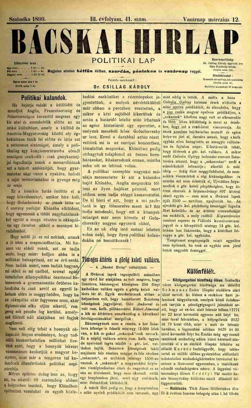 Bácskai Hirlap, 3. évf. 1899. március 12. 41. sz.