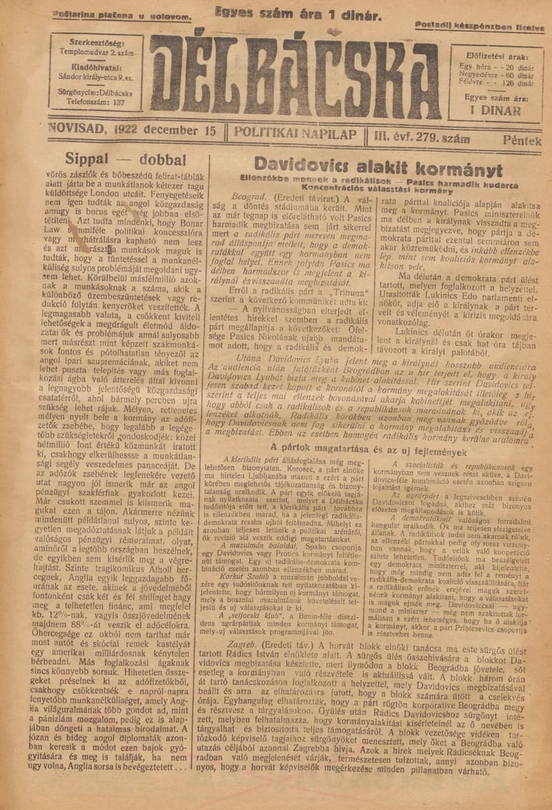 Délbácska, 3. évf. 1922. december 15. 279. sz.