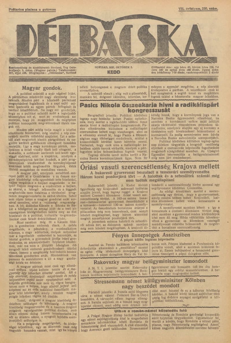 Délbácska, 7. évf. 1926. október 5. 230. sz.