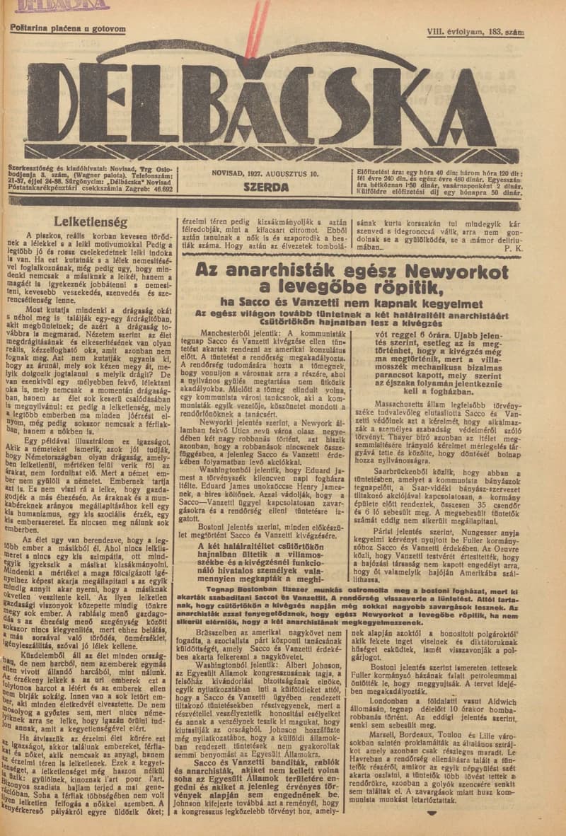 Délbácska, 8. évf. 1927. augusztus 10. 183. sz.