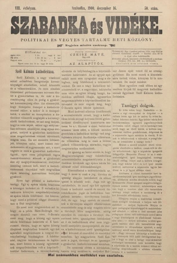 Szabadka és vidéke II, 8. évf. 1900. december 16. 50. sz.