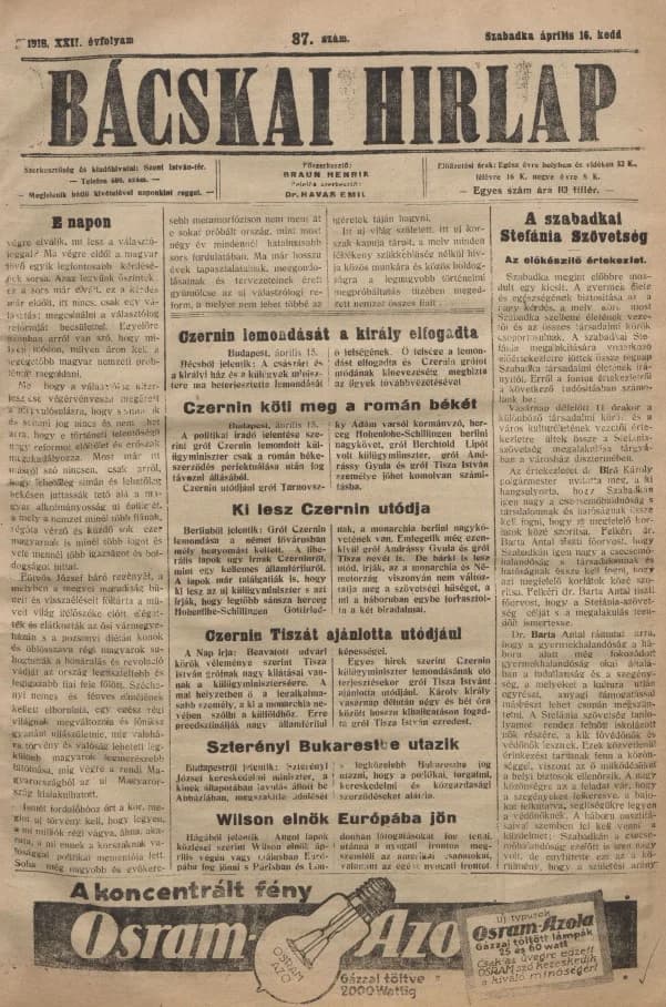 Bácskai Hirlap, 22. évf. 1918. április 16. 87. sz.