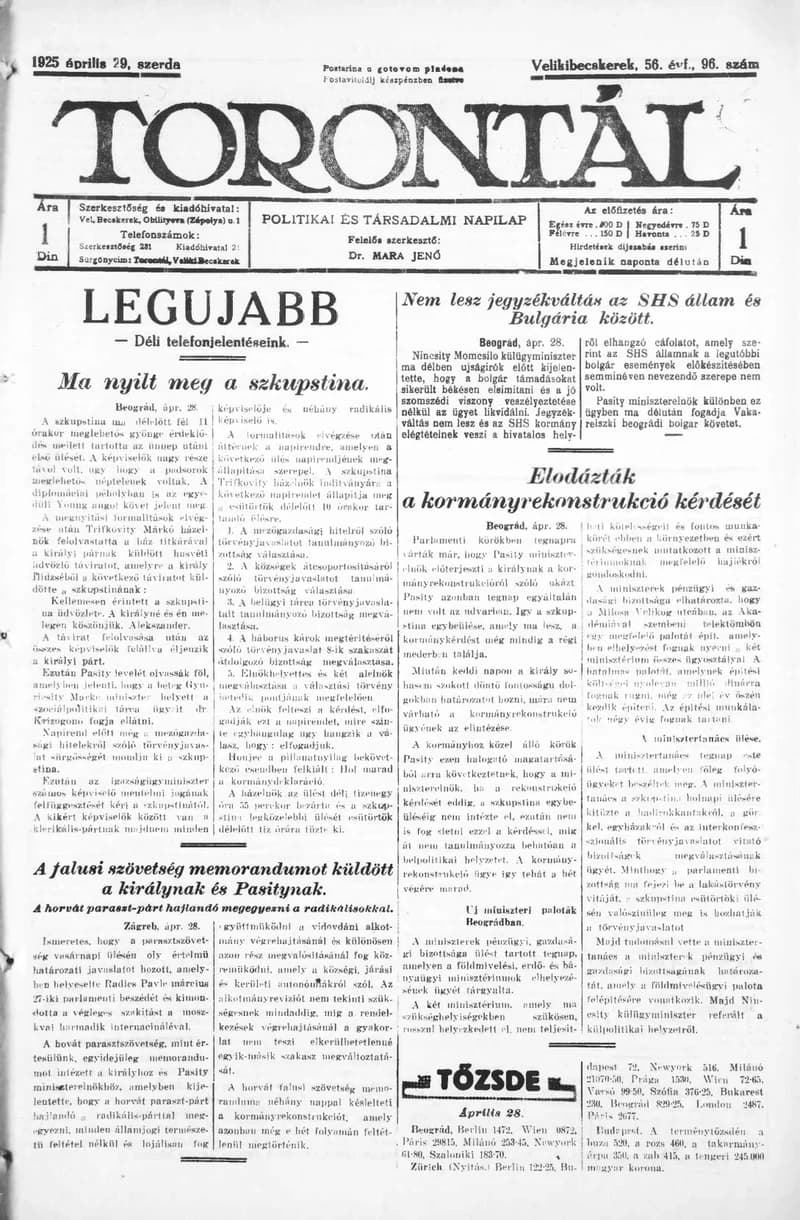 Torontál, 54. évf. 1925. április 29. 96. sz.