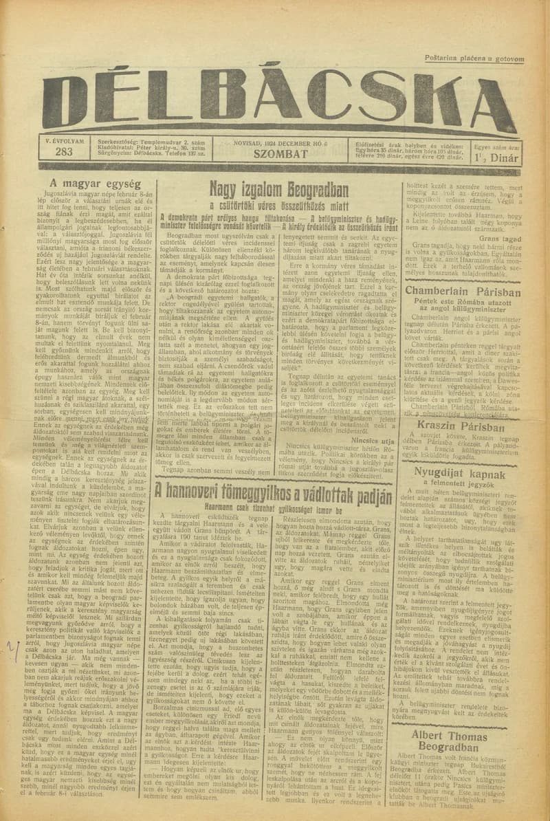 Délbácska, 5. évf. 1924. december 6. 283. sz.