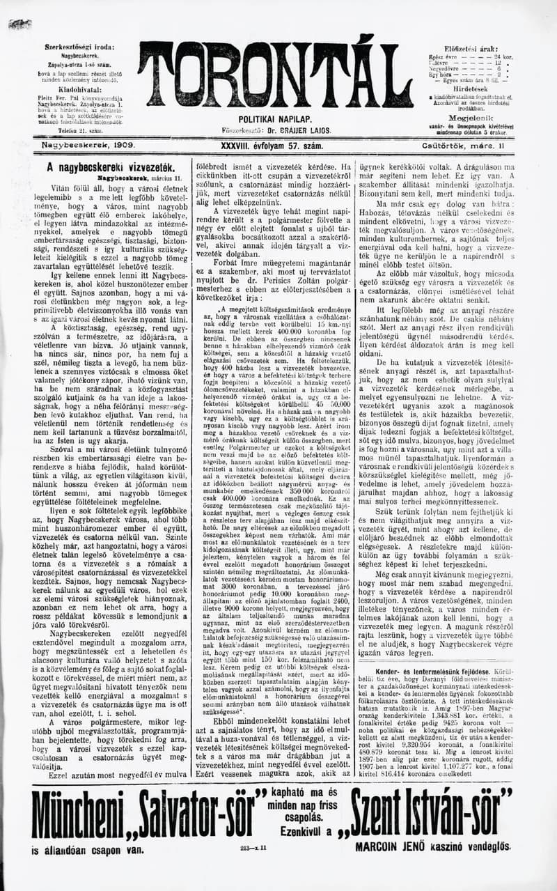 Torontál, 38. évf. 1909. március 11. 57. sz.