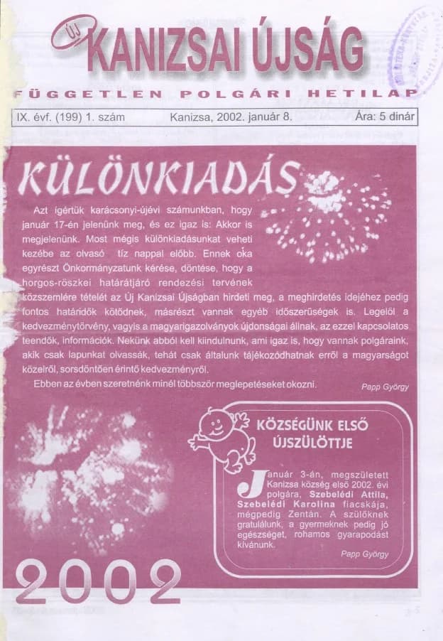 Új Kanizsai Újság, 9. évf. 2002. január 8. 1. sz.