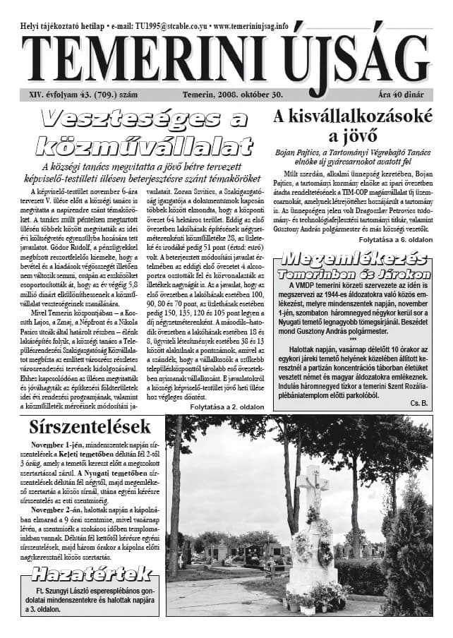 Temerini Újság, 14. évf. 2008. október 30. 43. sz.