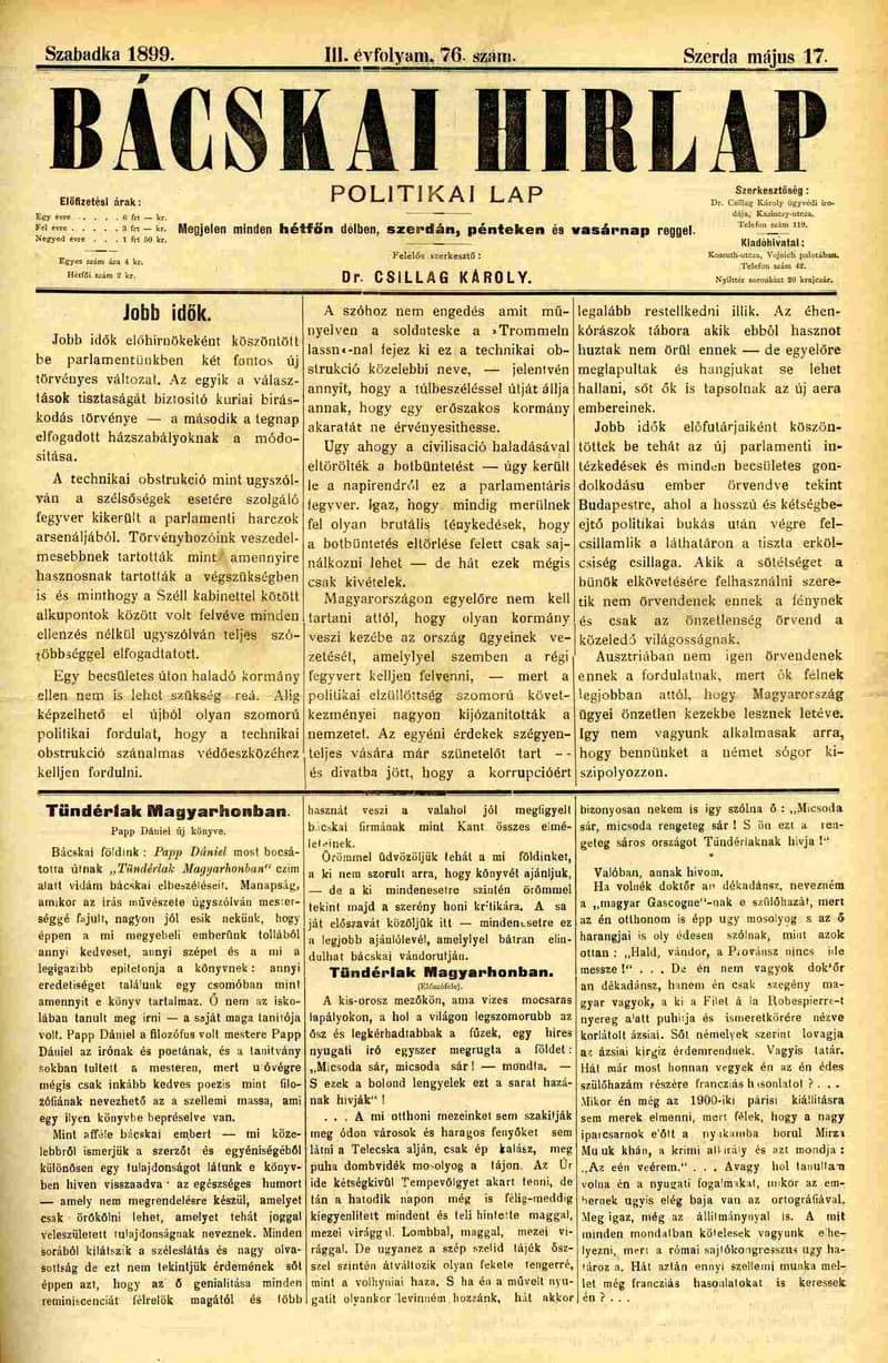 Bácskai Hirlap, 3. évf. 1899. május 17. 76. sz.