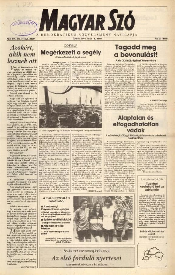 Magyar Szó, 49. évf. 1992. július 13. 190. sz. 1–16. oldal