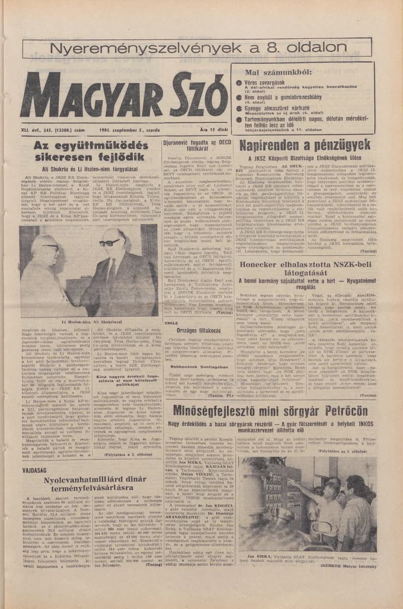 Magyar Szó, 41. évf. 1984. szeptember 5. 245. sz. 1–20. oldal
