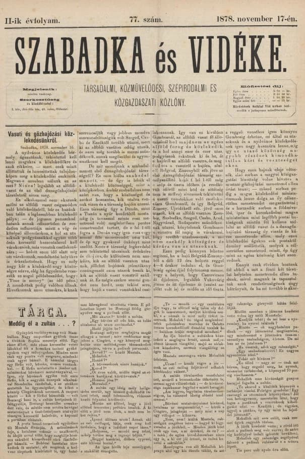 Szabadka és vidéke, 2. évf. 1878. november 17. 77. sz.