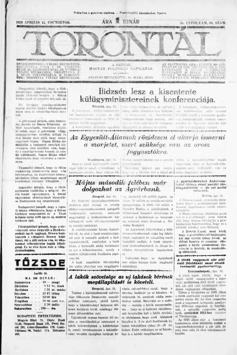 Torontál, 58. évf. 1929. április 11. 84. sz.