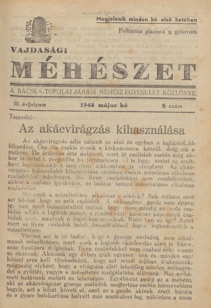 Vajdasági méhészet Bácska Topolya, 3. évf. 1948. május 1. 5. sz.