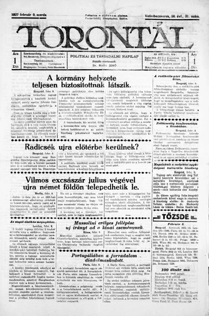 Torontál, 56. évf. 1927. február 9. 31. sz.