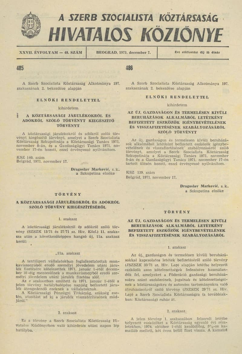 A Szerb Szocialista Köztársaság Hivatalos Közlönye, 27. évf. 1971. december 7. 48. sz. 1105–1112. oldal